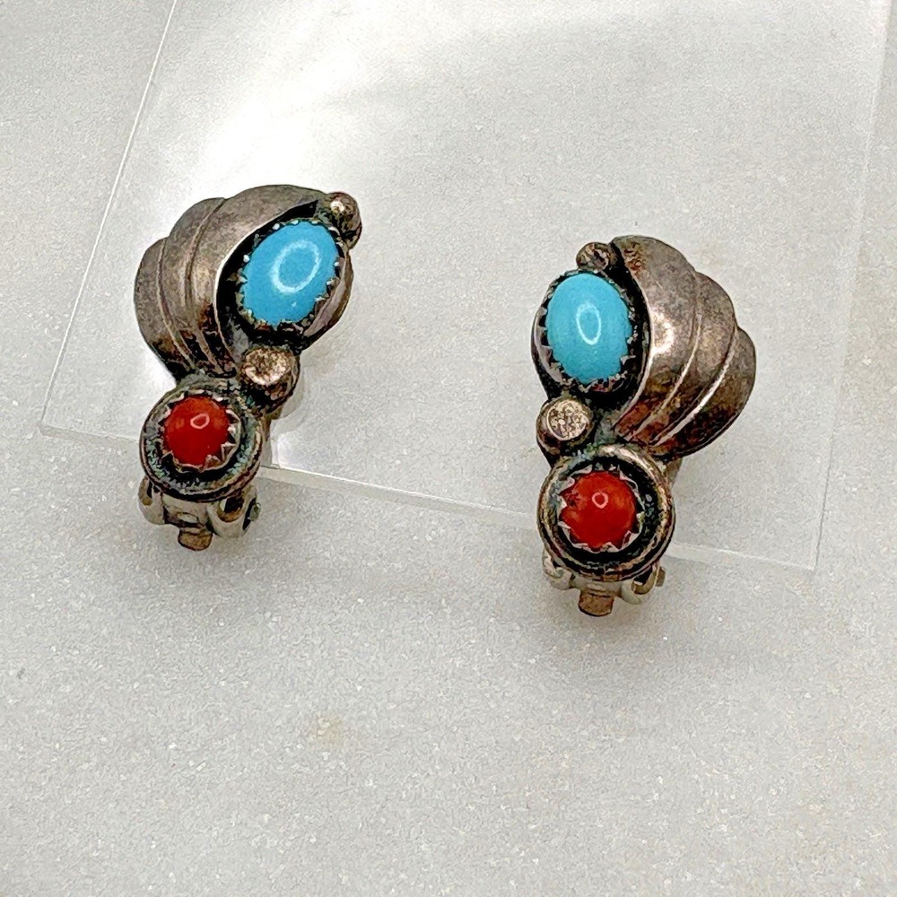 Vintage Native American Sterling Silver Clip On Earrings Turquoise Coral Boho